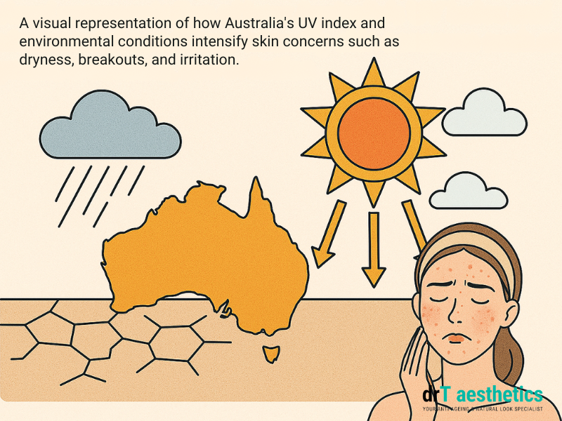 Illustration of Australia’s climate showing high UV exposure, heat, wind, and humidity.